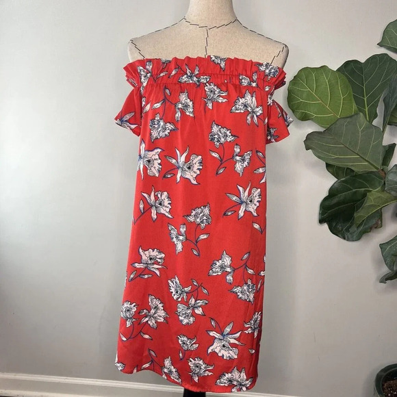 Atmosphere Red Satin Floral Mini Short Dress Off The Shoulder Sz 4 - Picture 1 of 6